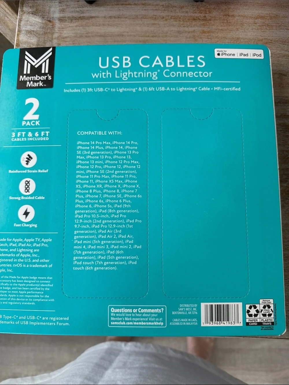 Member's Mark Gray Braided Lightning USB Cable 2-Pack (3 ft & 6 ft)